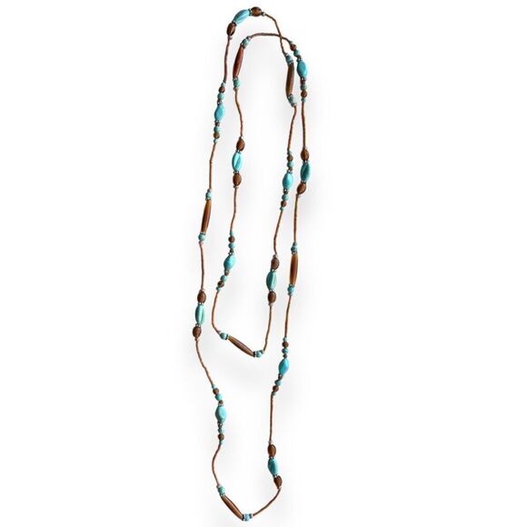 Womens Turquoise Brown Extra Long Beaded Rope Lariat Necklace Western Boho Rodeo - Picture 3 of 5